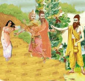 Devi Ahalya and Indra being cursed by Gautama Muni